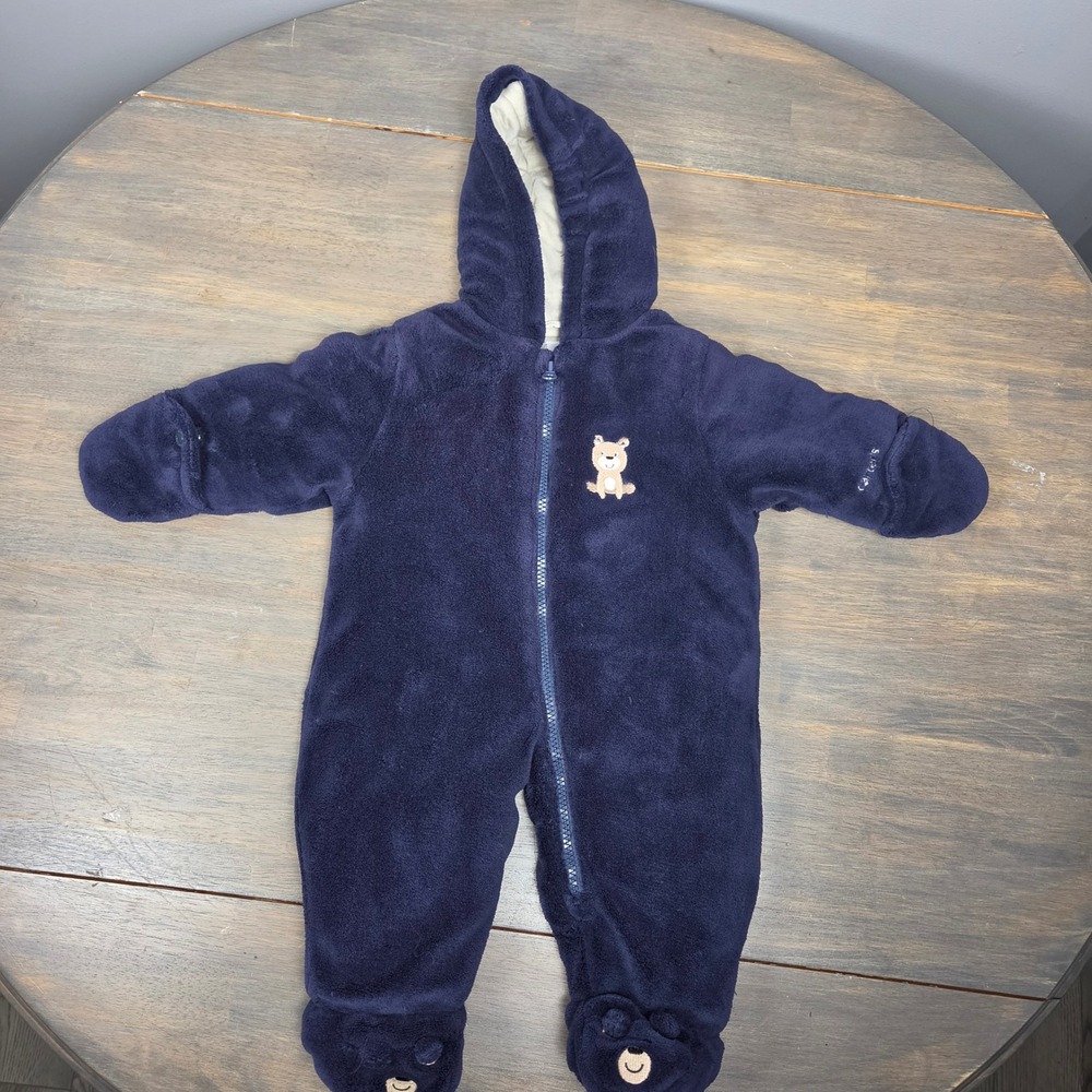Carter's Baby Boys 6-9M Bunting Snowsuit Hooded Footed Plush Bear Navy Blue
